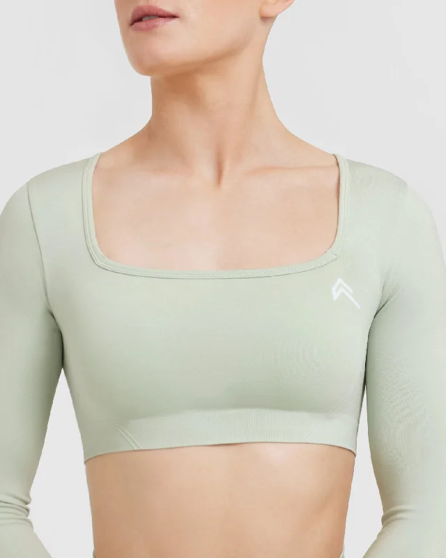 Effortless Square Neck Crop Long Sleeve Top | Tea Green