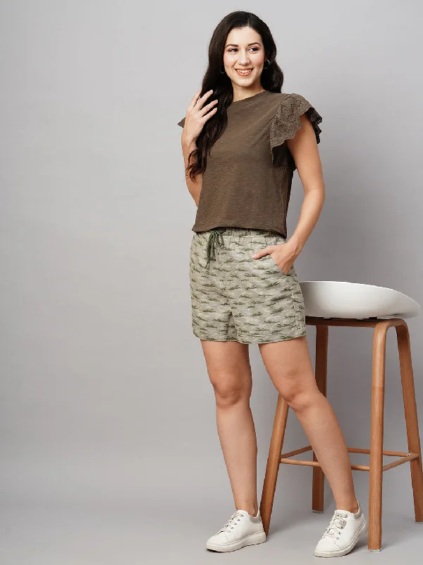 Women's Olive Linen Viscose Regular Fit Shorts