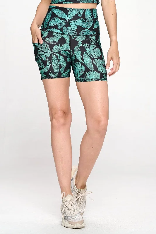 Mia Shorts - Amazon Palm Leaves w Pockets 5"" (High-Waist)