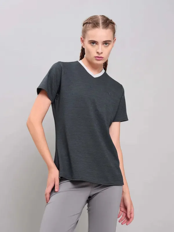 Women Solid Slim Fit V Neck T-shirt with DOUBLE COOL