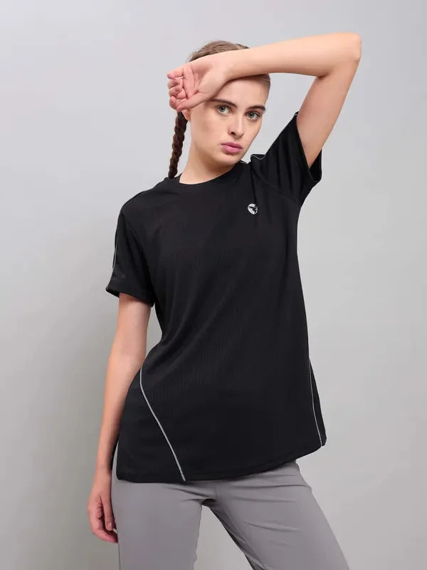 Women Self Design Slim Fit Crew Neck T-shirt with TECHNO COOL+