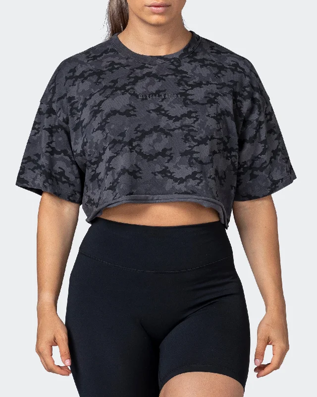 Camo Cropped Heavy Vintage Tee - Washed Monochrome Camo Print