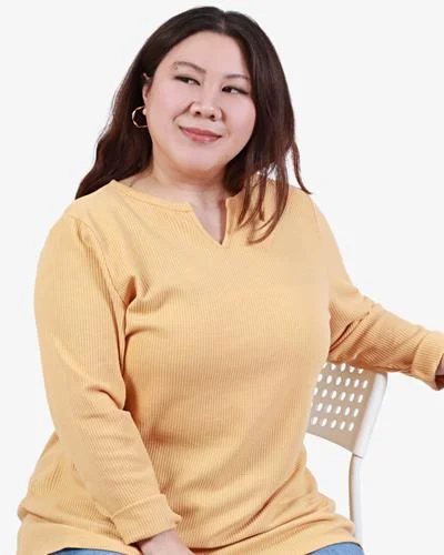 Waleria Notched Collar Waffle Long Sleeve Top - Yellow