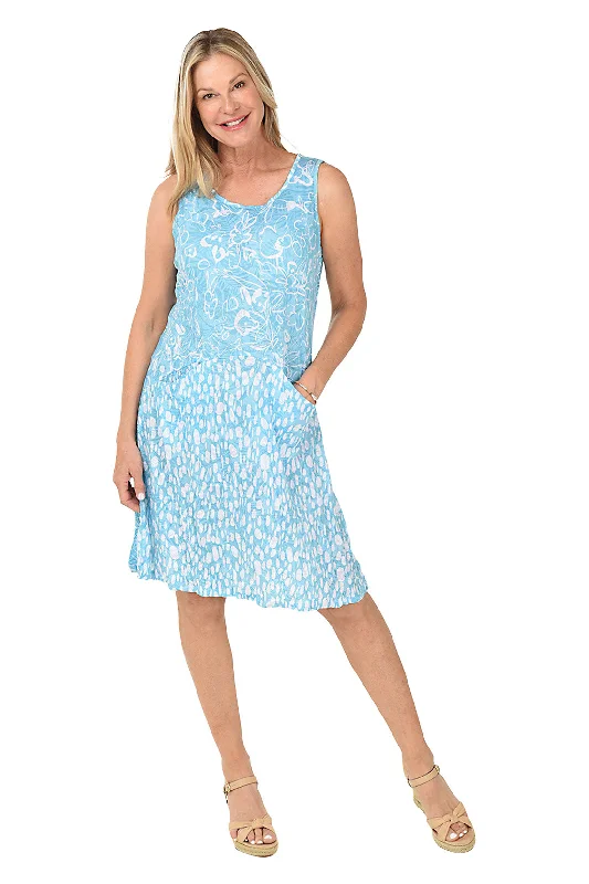 Aqua Cotton Flower Pocketed Sleeveless Crinkle Dress