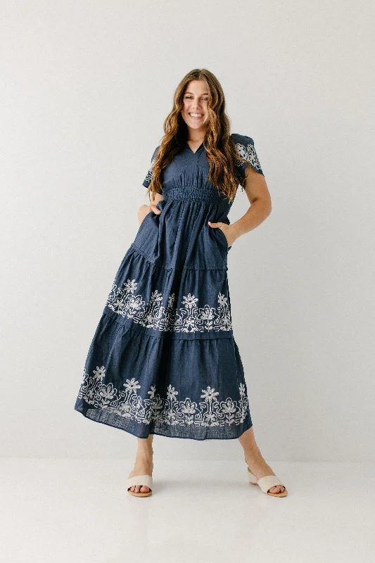 'Athena' Embroidered Detail Cotton Blend Maxi Dress in Navy