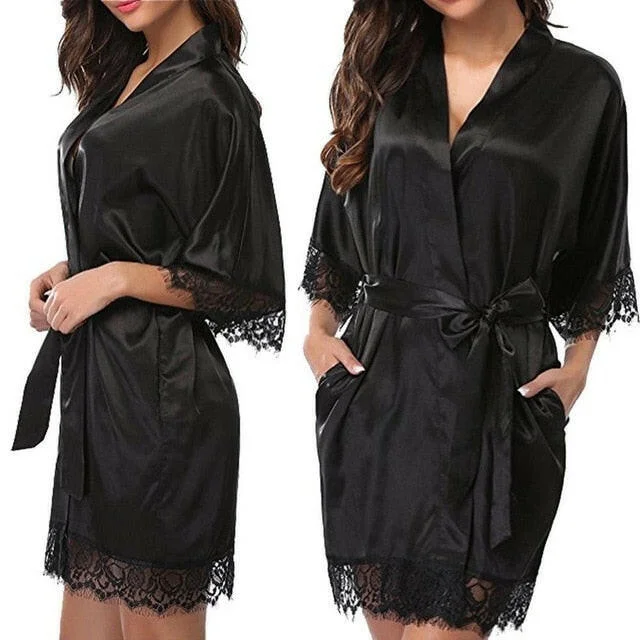 Belt Nightdress Neck Black Red Half V Knee Above Solid Fashion Patchwork With Women Waist White Sleeve Sleepwear Lace