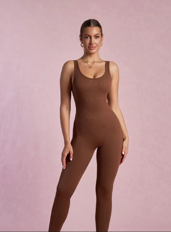 Brown Wide Strap Ribbed Sculpting Jumpsuit