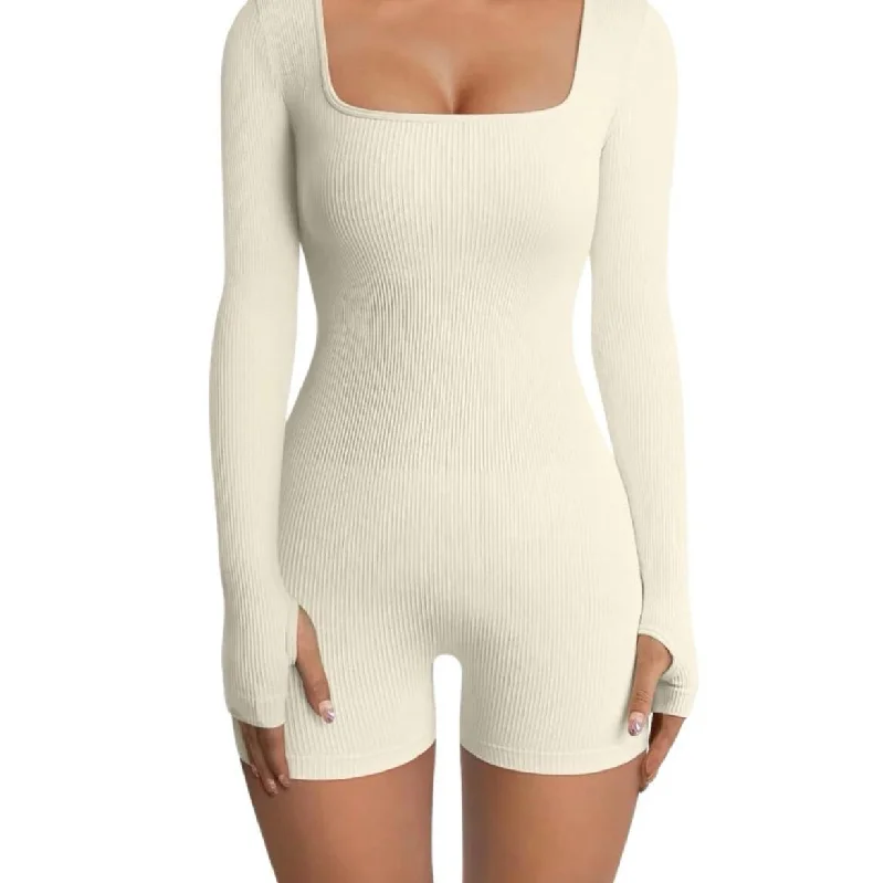 Cream Ribbed Sculpting Romper Shorts