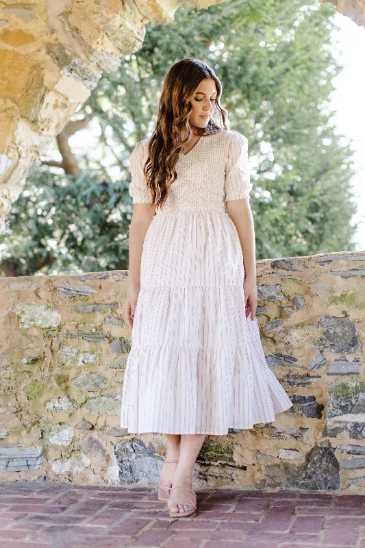 'Desiree' Cotton Smocked Bodice Striped Midi Dress in Ivory