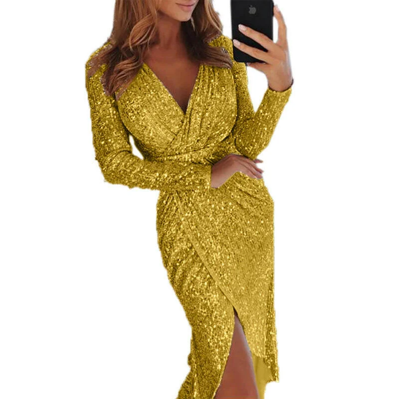 Dress Dress Long Sleeve V-Neck Sequin Dinner Dress Sexy Bar Dress