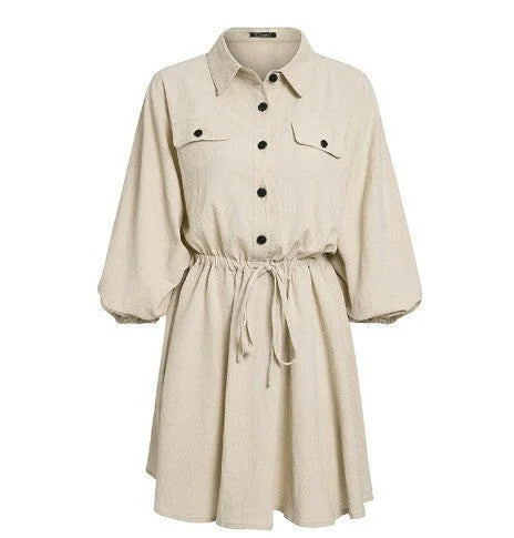 Elegant linen short shirt dress women Long sleeve cotton dress buttons female vestidos Vintage summer dresses