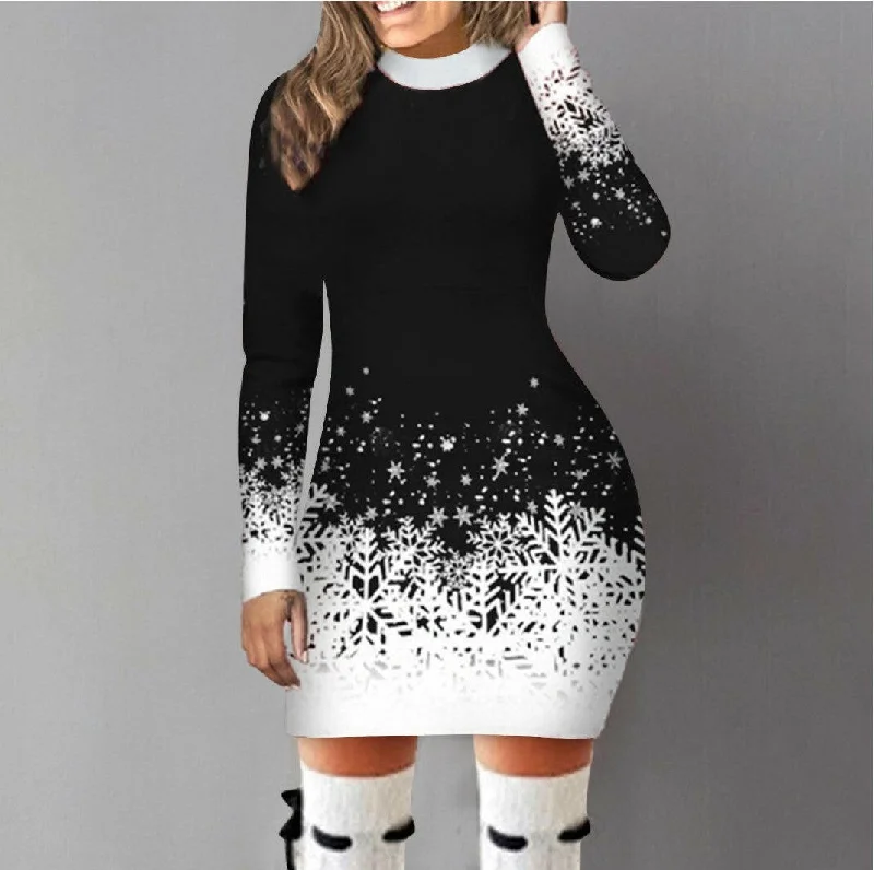 European And American Christmas Printed Long Sleeve Dress A-lineskirt Women