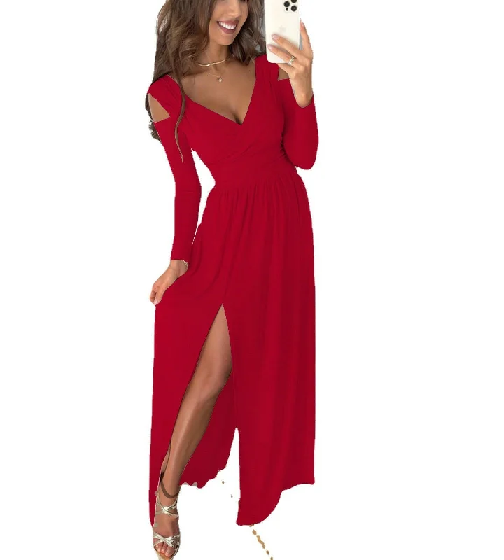 European And American Women Solid Color V-Neck Sexy Slit Long-Sleeved Off The Shoulder Dress