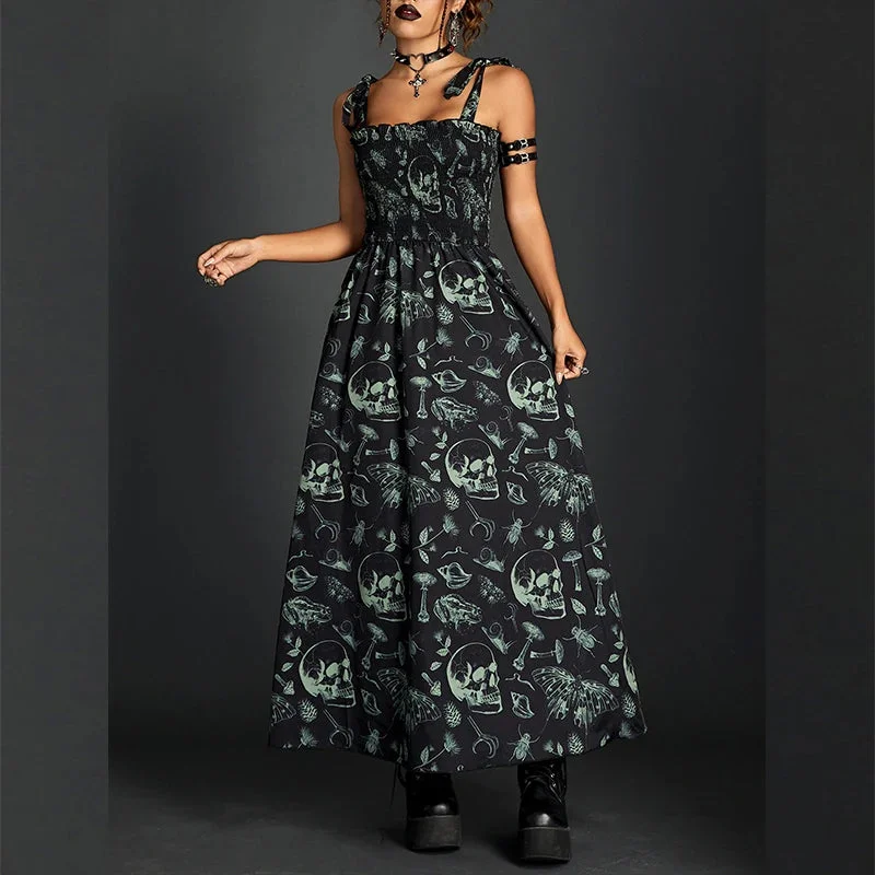 Goth Skull Shirring Lace Up Long Dress