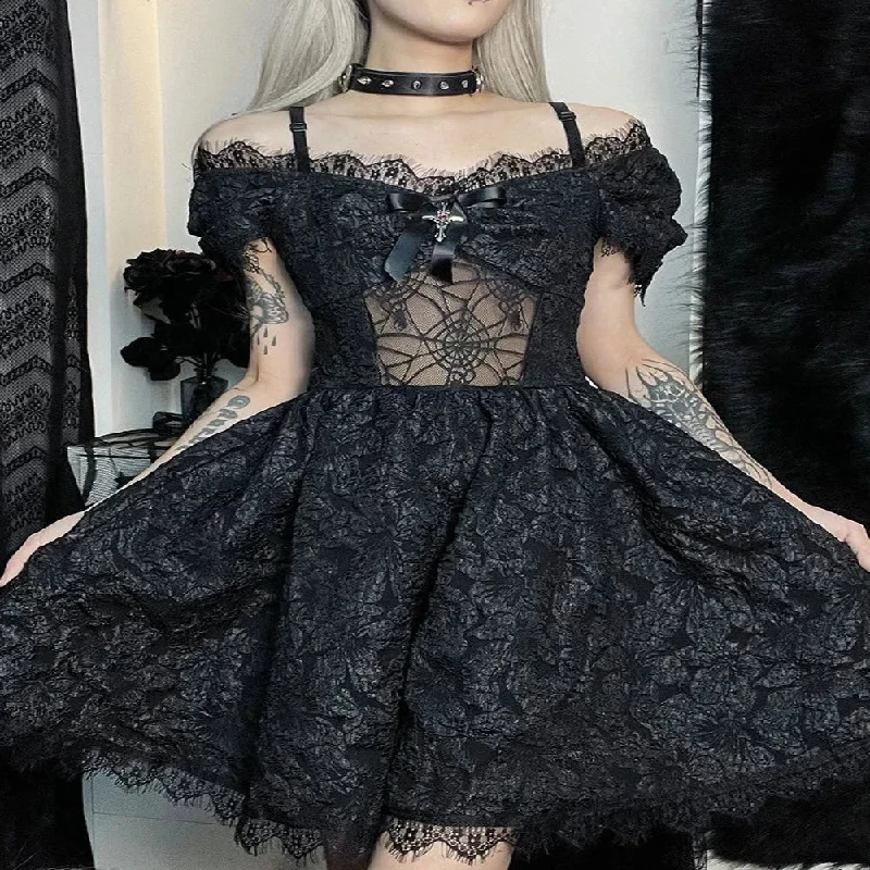 Gothic Black Spider Web Lace Patchwork Dress