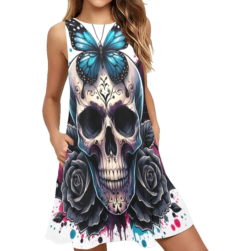 Gothic Butterfly Skull Floral Sleeveless Dress