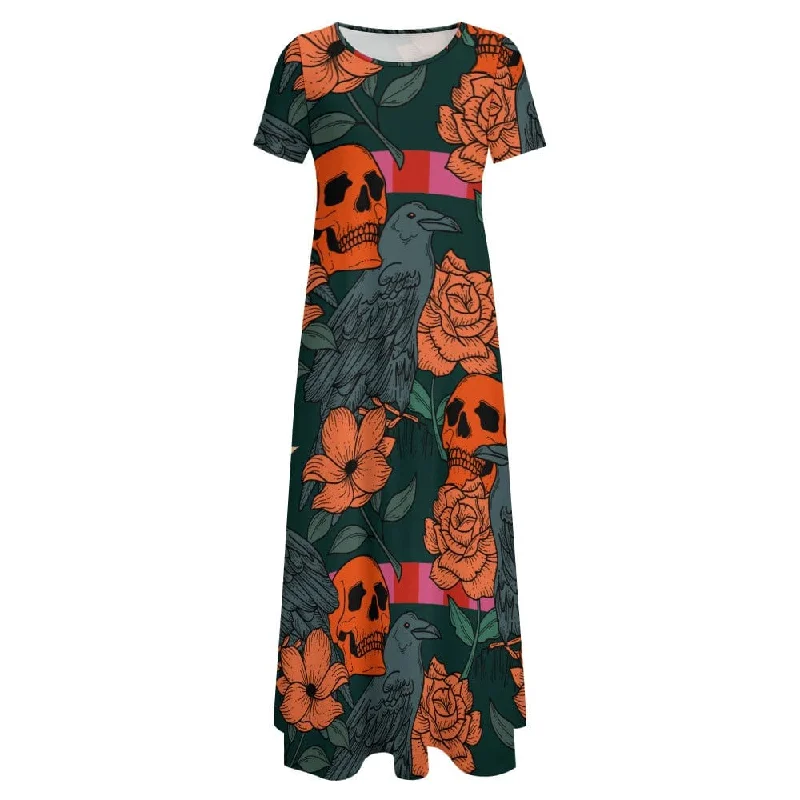 Look Effortlessly Chic & Comfy In Our Women's Skull Crow Round Neck Short Sleeve Dress