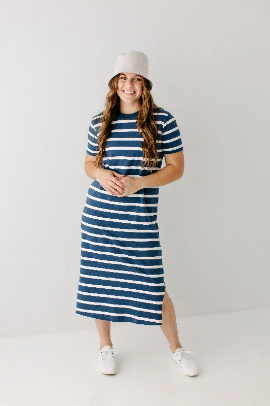 'Lorraine' Cotton Blend Striped Midi Dress in Navy