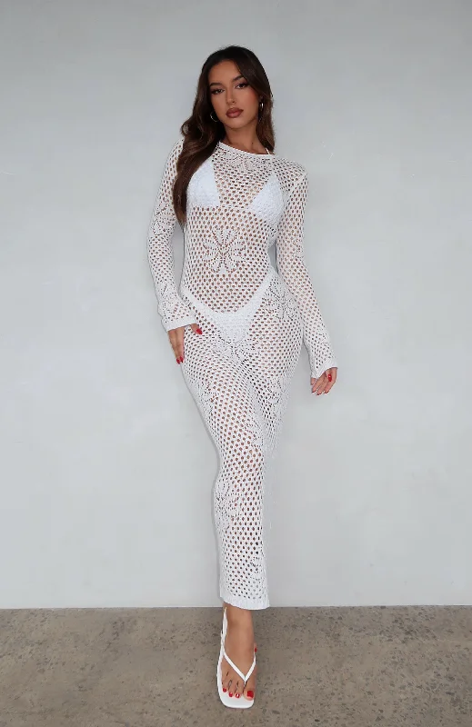 Make Heads Turn Long Sleeve Crochet Maxi Dress Off White