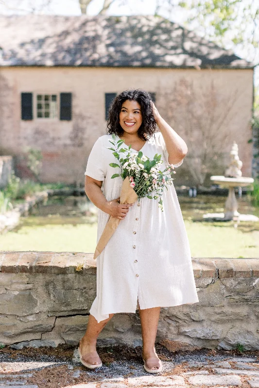 Plus 'Renee' Textured Button Down Midi Dress in Natural