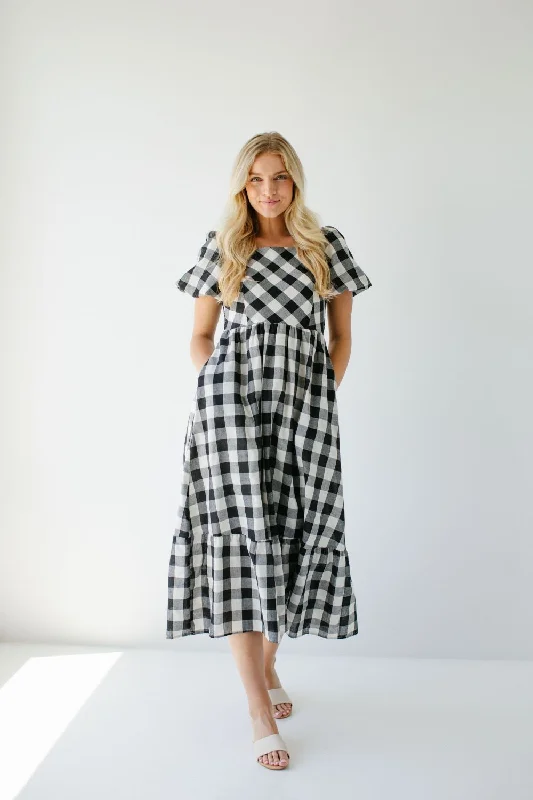 'Prudence' Gingham Bubble Sleeve Midi Dress in Black