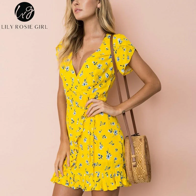 Sexy Wrap V Neck Floral Print Yellow Women Mini Dresses Summer Party Beach Ruffles Boho Dress