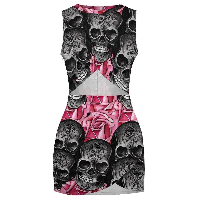 Show off Your Bad-Girl Confidence With This Stylish Women's Black Skull Pink Roses Navel-Baring Dress