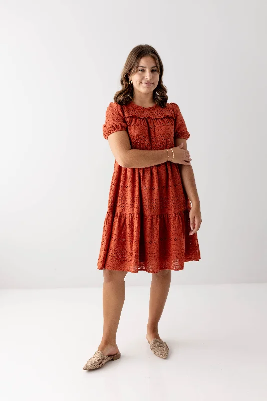 'Simone' Eyelet Tiered Midi Dress in Rust