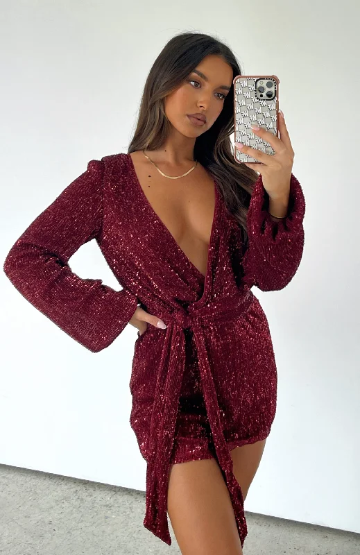 Stars Shining Long Sleeve Mini Dress Red Wine