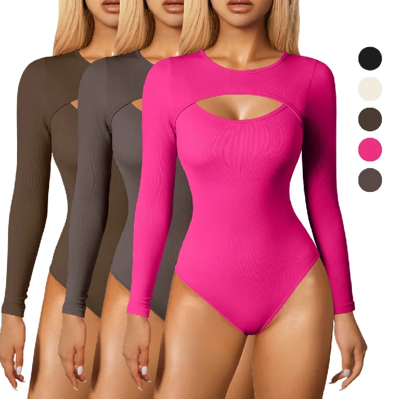 Stone Round Neck Cut Out Long Sleeve Ribbed Bodysuit