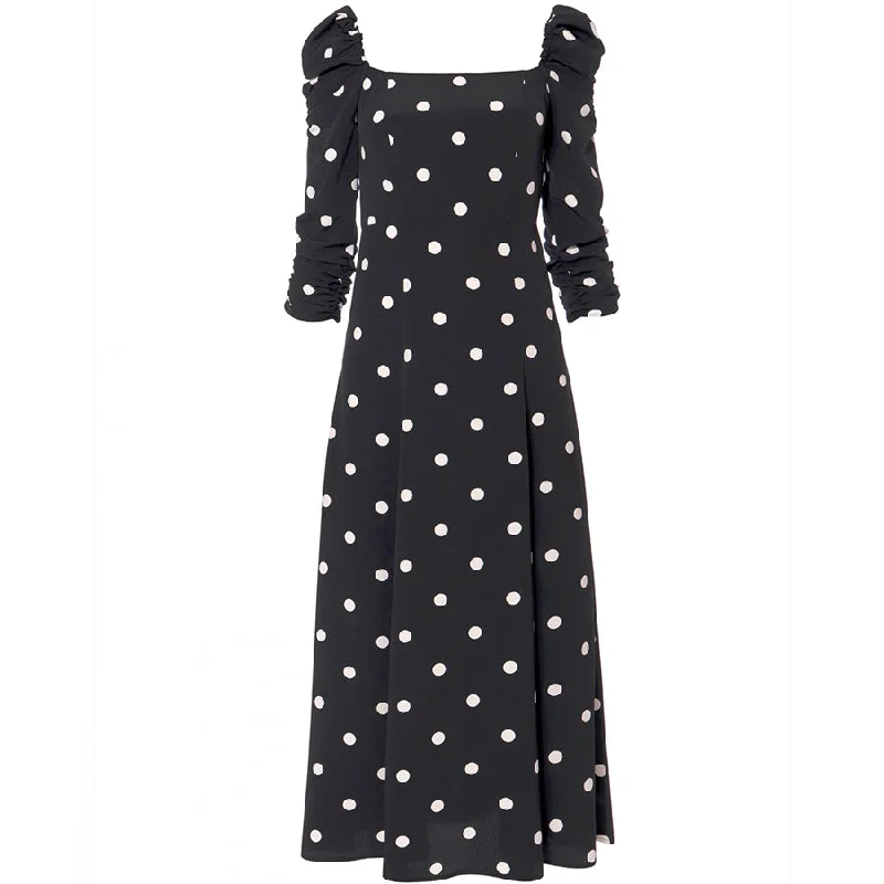 SUMMER MIDI DRESS WITH SLIT ""AMÉLIE"" IN BLACK WITH WHITE DOTS