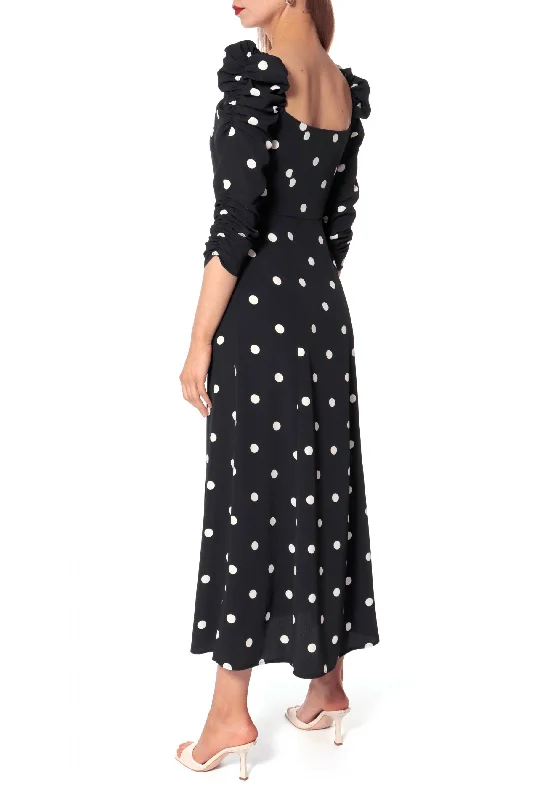 SUMMER MIDI DRESS WITH SLIT ""AMÉLIE"" IN BLACK WITH WHITE DOTS