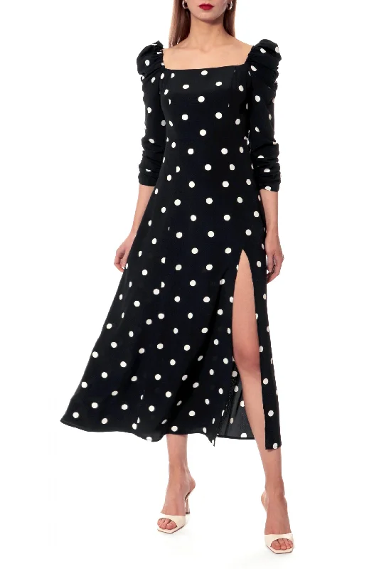 SUMMER MIDI DRESS WITH SLIT ""AMÉLIE"" IN BLACK WITH WHITE DOTS