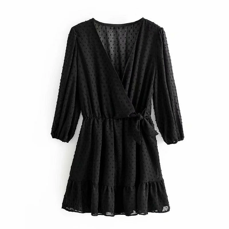 Summer Women Ruffles Lace Chiffon Dress Boho Mini Beach Dress Three Quarter Sleeve Ladies Party Dresses