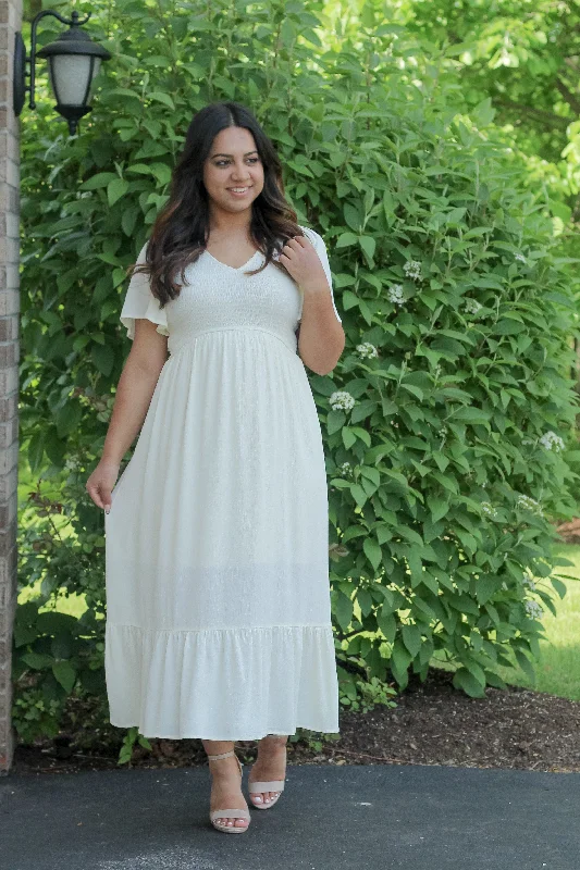 The Ayla Smocked Maxi Dress in Cream