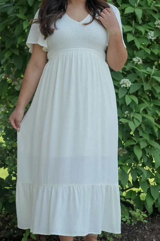 The Ayla Smocked Maxi Dress in Cream