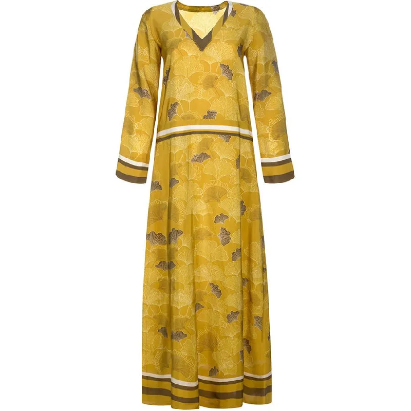 FLOWING SILK DRESS ""GARI"" WITH GINKGO LEAVES PRINT