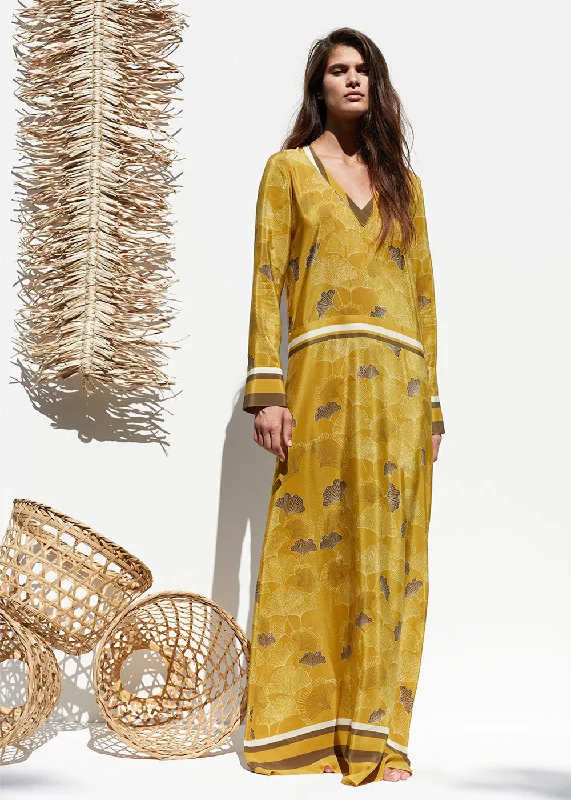 FLOWING SILK DRESS ""GARI"" WITH GINKGO LEAVES PRINT