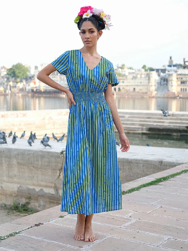 Verbena Dress Tiny Flowers Embroidery on Stripes