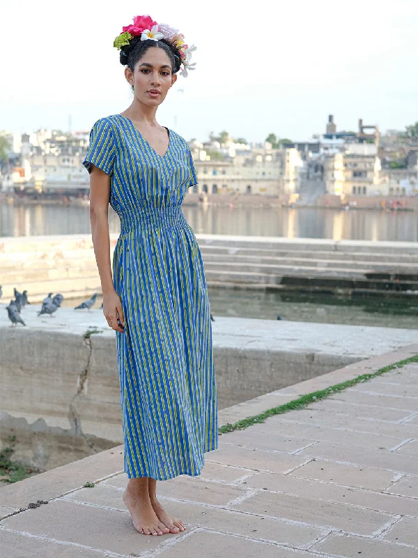 Verbena Dress Tiny Flowers Embroidery on Stripes