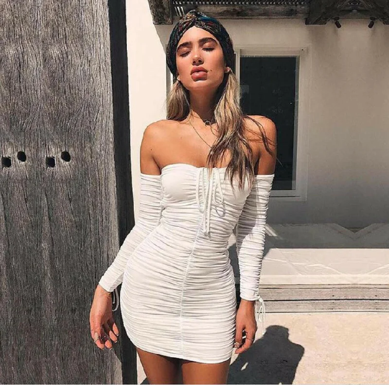 Women Autumn Winter Bandage Dress  Sexy Off Shoulder Long Sleeve Slim Elastic Bodycon Party Dresses