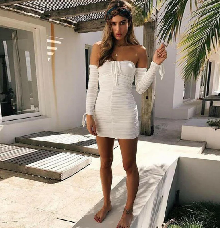 Women Autumn Winter Bandage Dress  Sexy Off Shoulder Long Sleeve Slim Elastic Bodycon Party Dresses