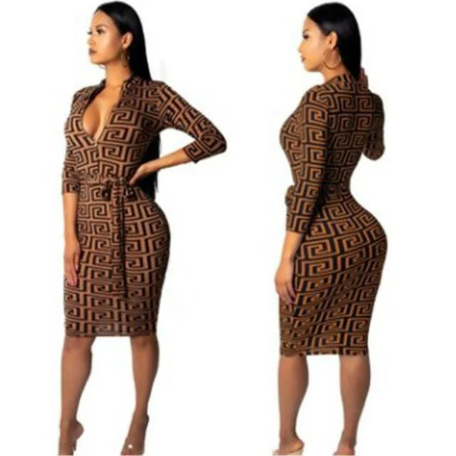 Women Bodycon Dresses Office Zipper Elegant Sexy Brown V Neck High Waist Geometric Print Female Belt Stylish Party Club Dress