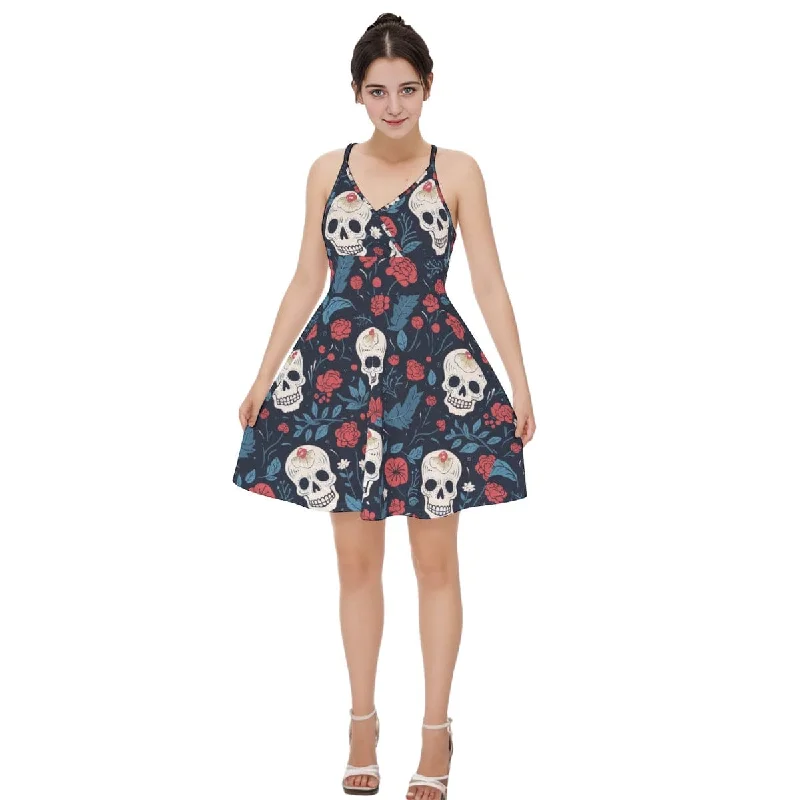 Women‘s Skulls With Blue & Red Flowers Cross Cami Strappy Dress