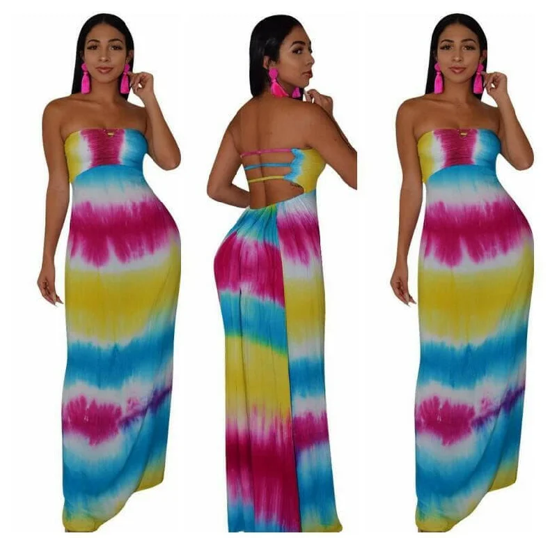 Women Summer Strapless Tie Dye Stripe Print Lace Up Hollow Out Back Maxi Dress Bohemian Elegant Long Beach Dresses Vestidos