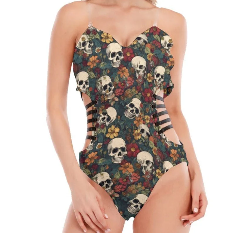 Women's Brown Floral Skull Tube Top Bodysuit With Side Black Straps