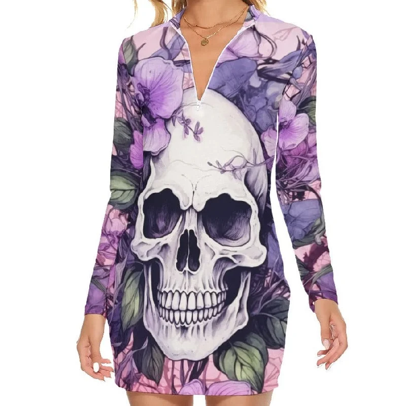 Women's Purple Flower Skull Zip Front Tight Dress