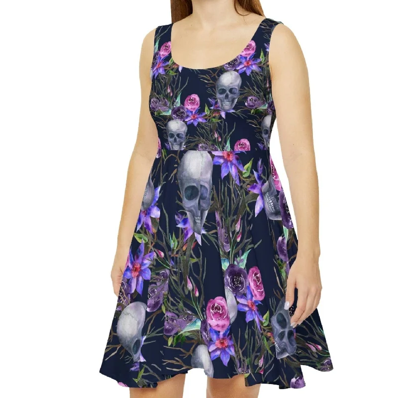 Women's Purple Skull Floral Print Skater Dress