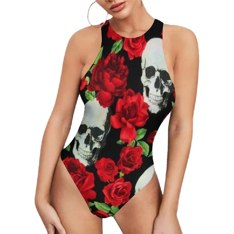 Women's Red Rose Skull Floral Bodysuit