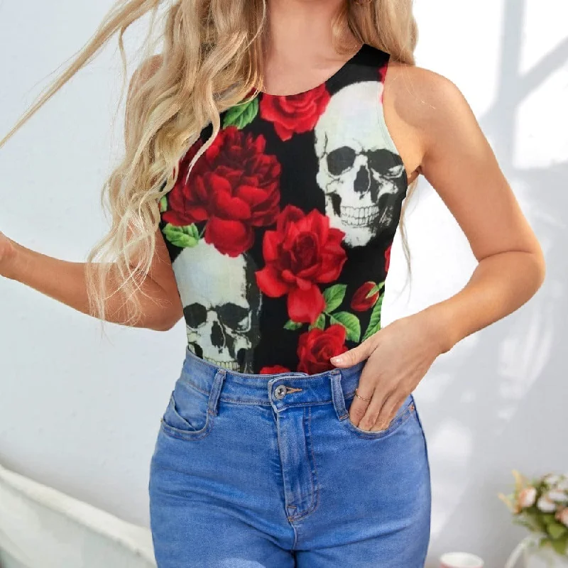 Women's Red Rose Skull Floral Bodysuit